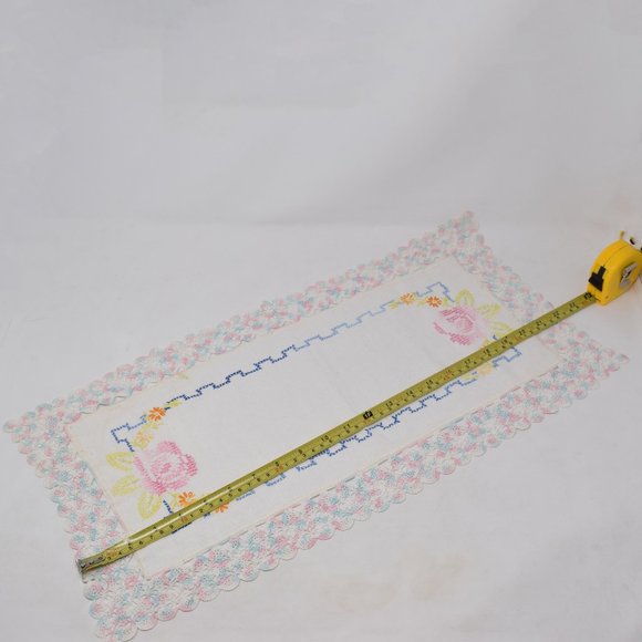 Cross Stitch Shelf Dresser Centerpiece Scarf Rectangle Floral Hand Embroidery - Picture 5 of 10